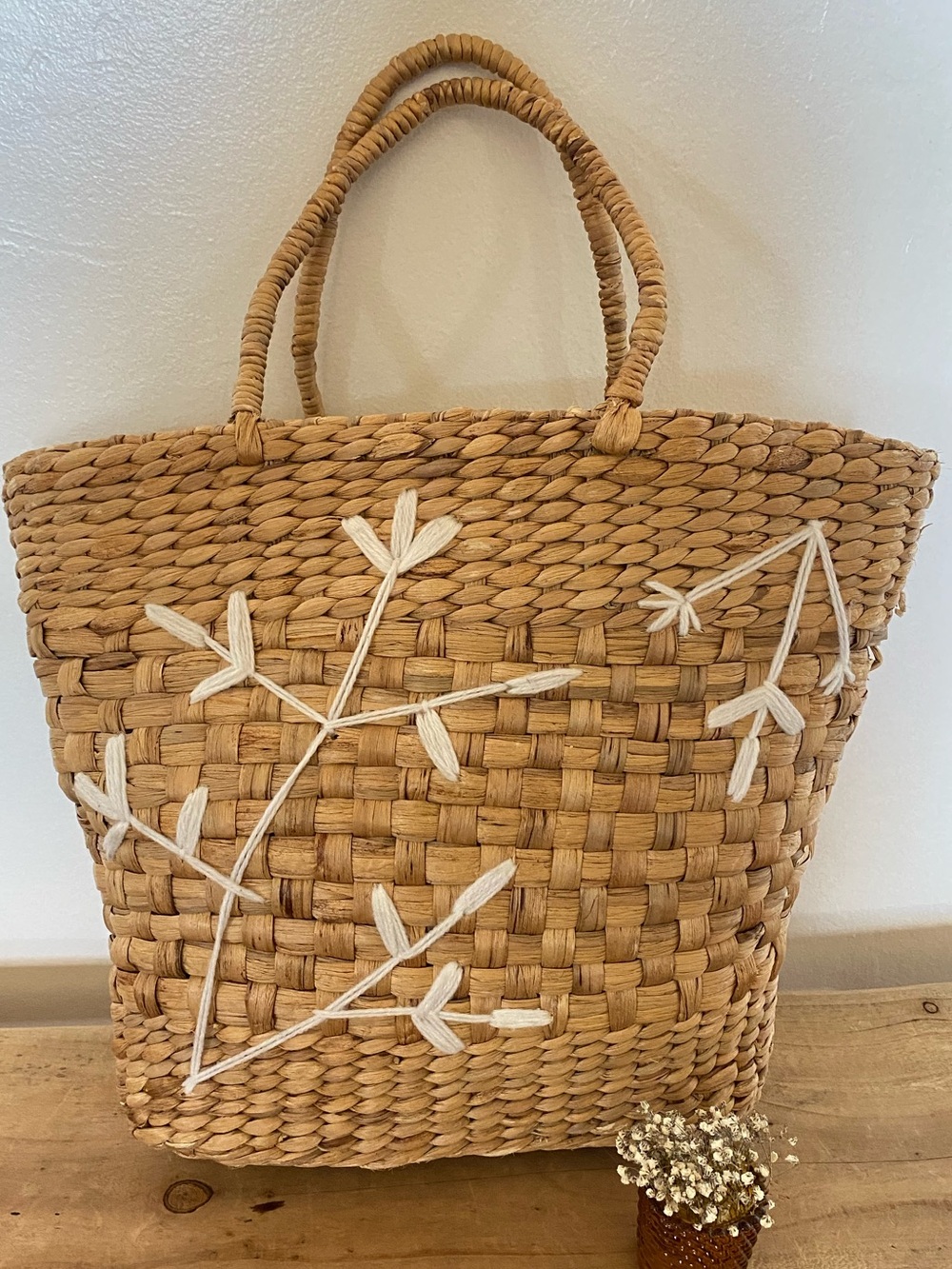Woven Straw Tote Bag with White Floral